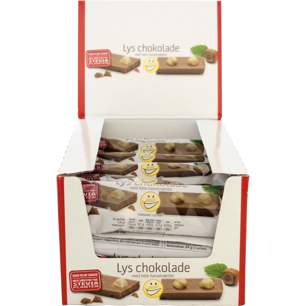 EASIS Lys sjokolade med hele hasselnøtter, Kasse med 25 stk.