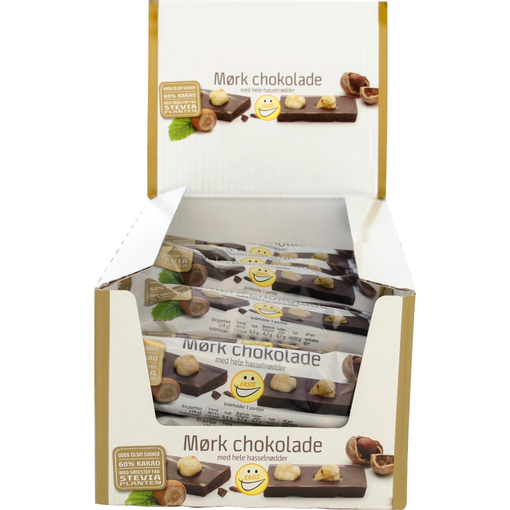 EASIS Mørk sjokolade med hele hasselnøtter, Kasse med 25 stk.